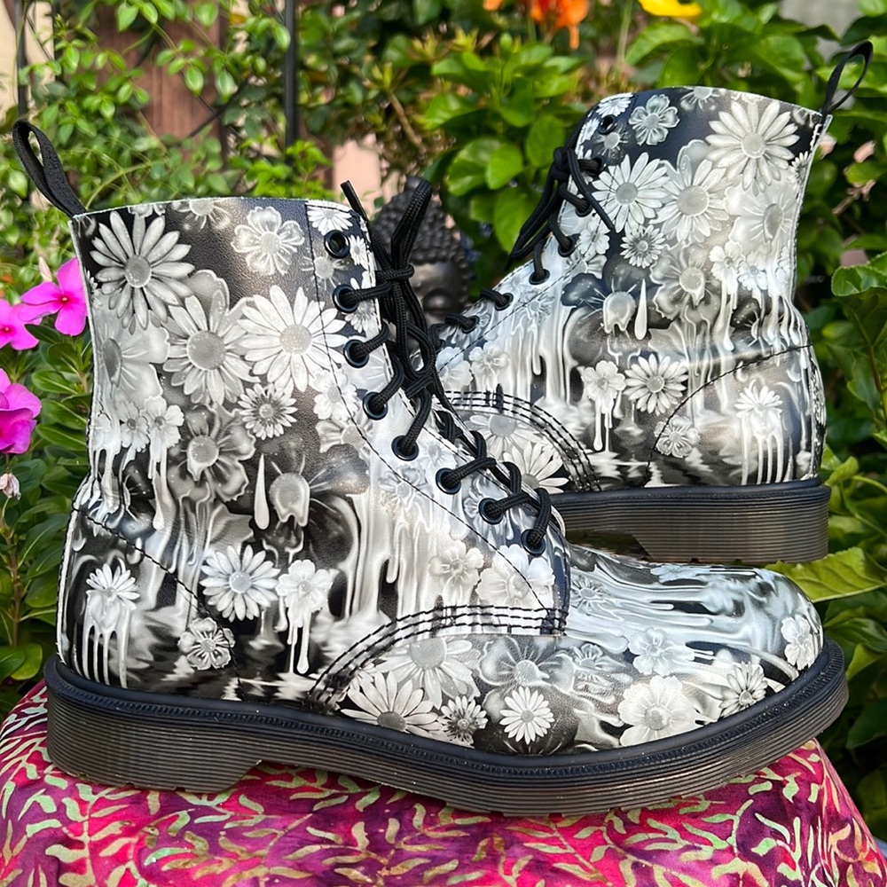 Dr. Martens Floral Slime Black & White Paint Drip Pascal Boots